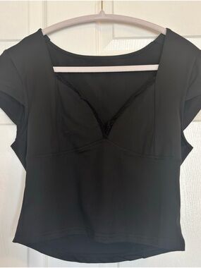 Black Fitted Crop Top Deep V Neck Short Sleeve Stretchy Going Out Top